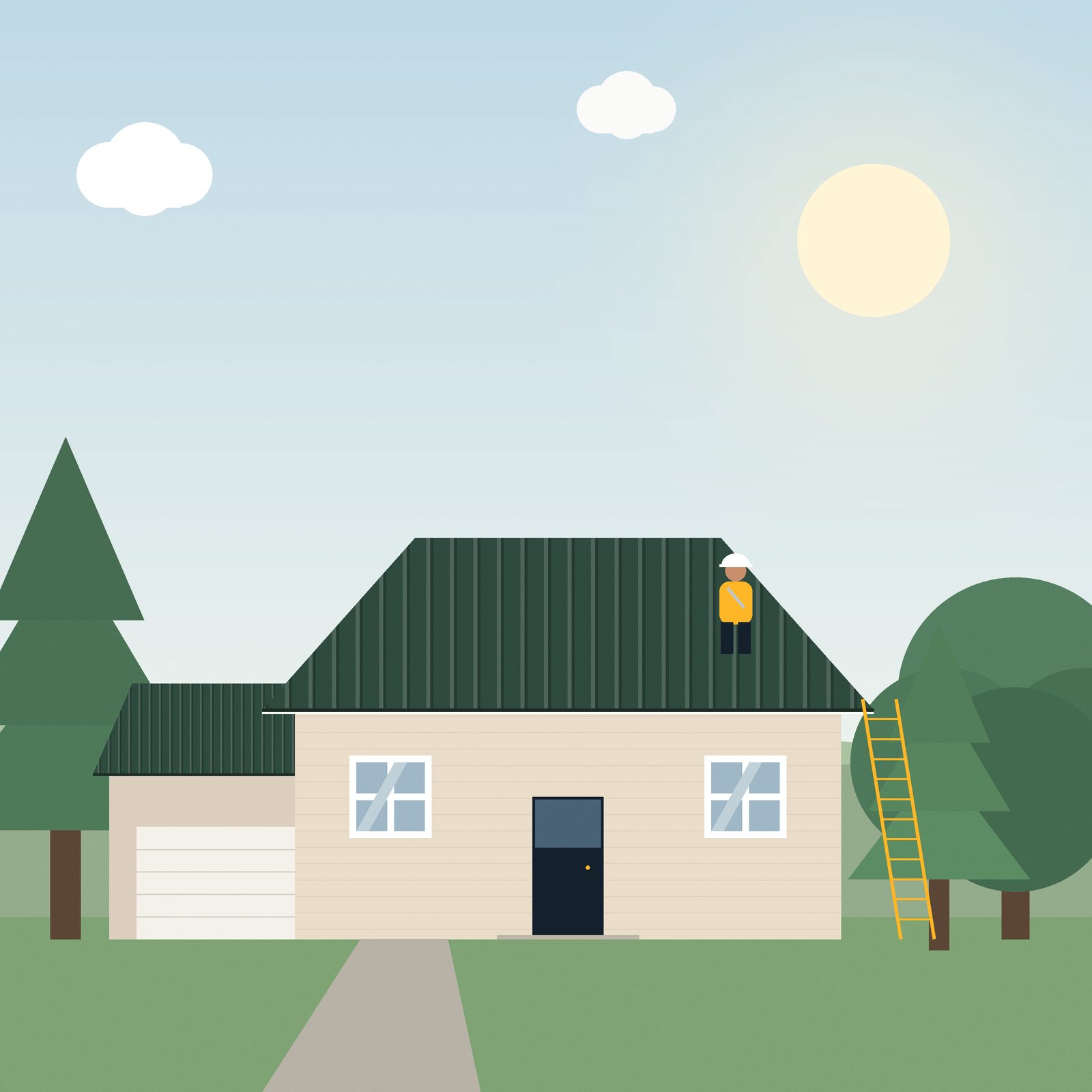 Illustration of a finished standing-seam metal roof on a cottage