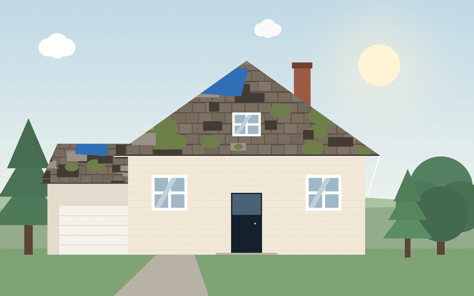 Before: worn roof with missing shingles and moss