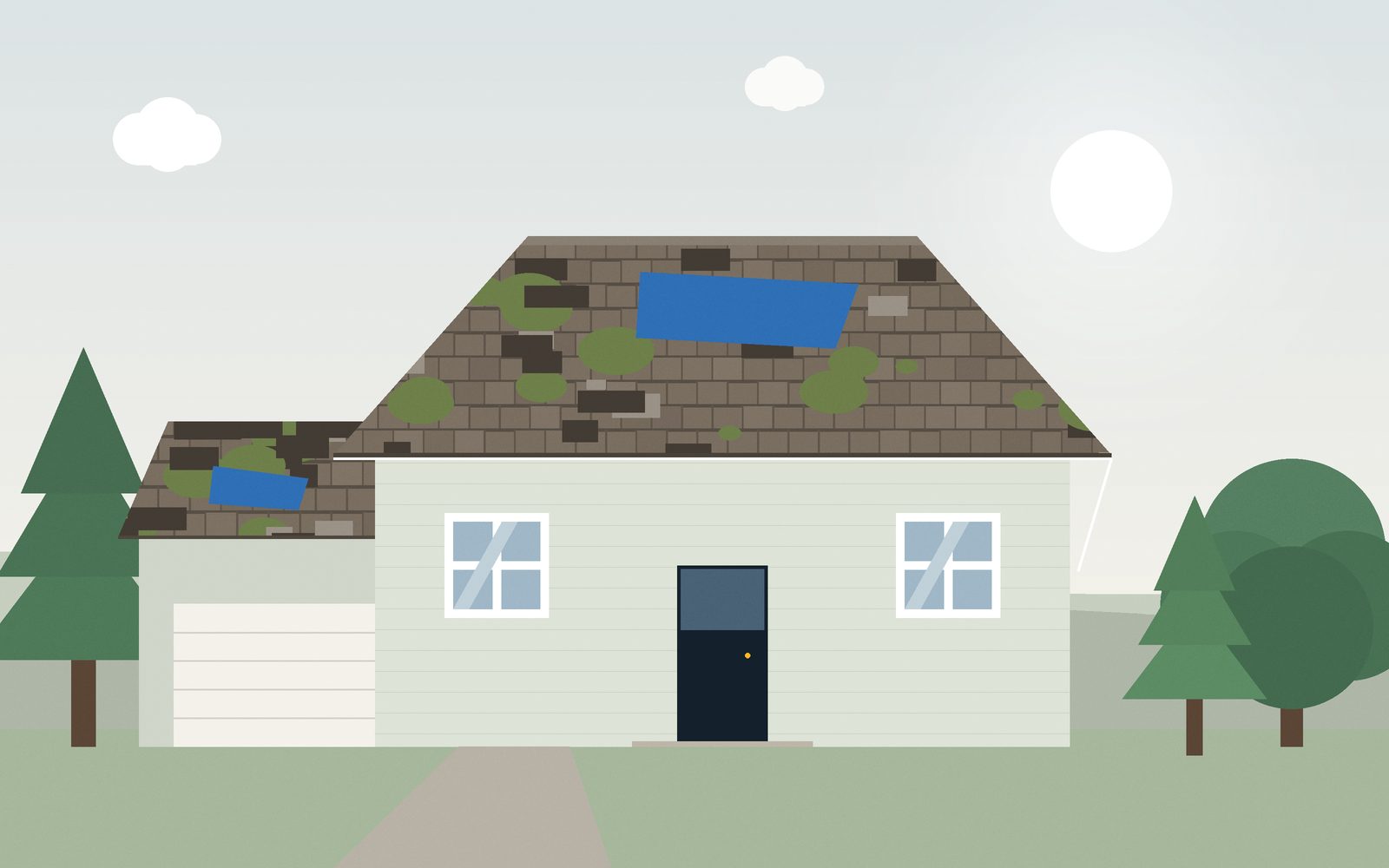 Before: worn roof with missing shingles and moss