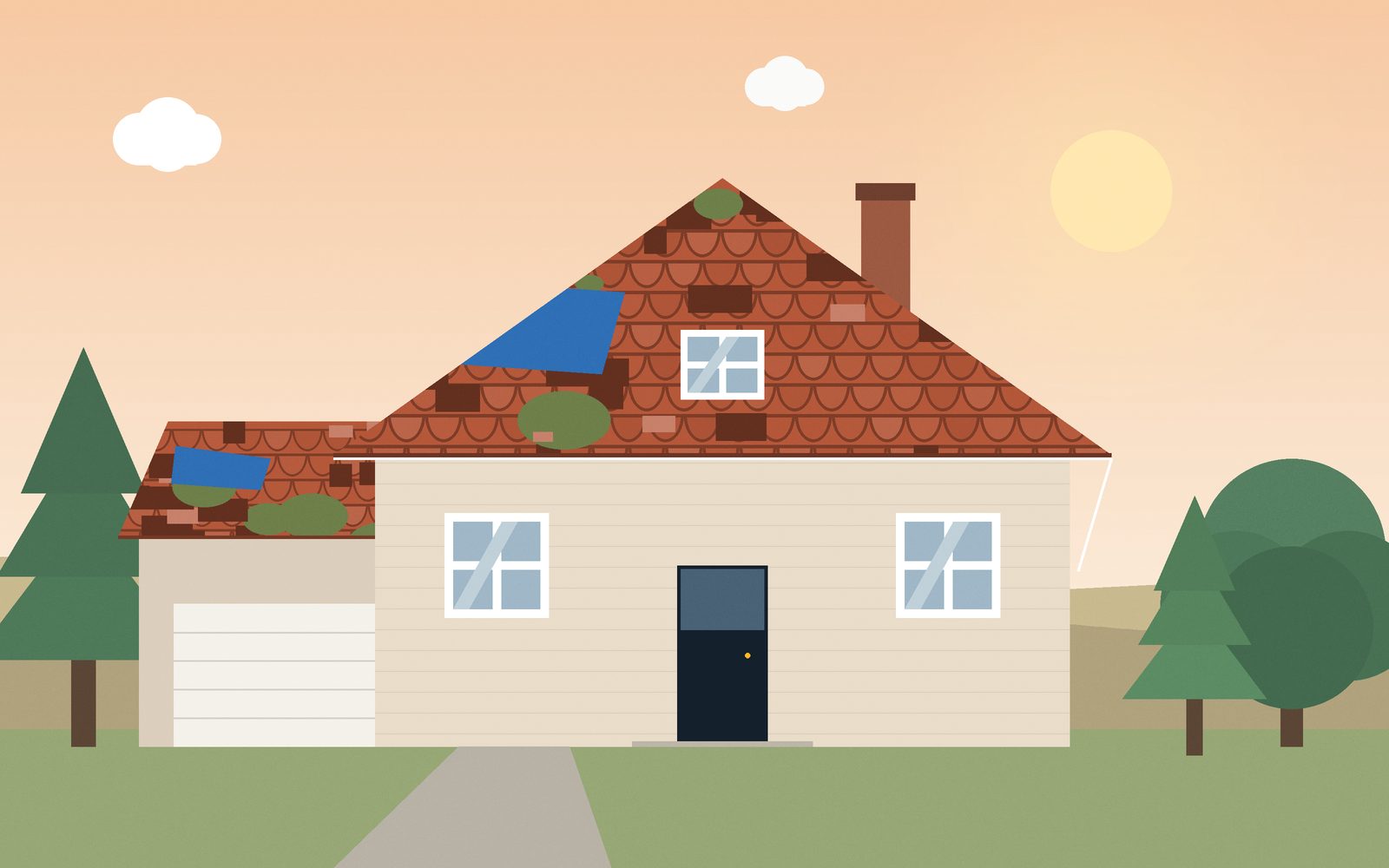 Before: worn roof with missing shingles and moss