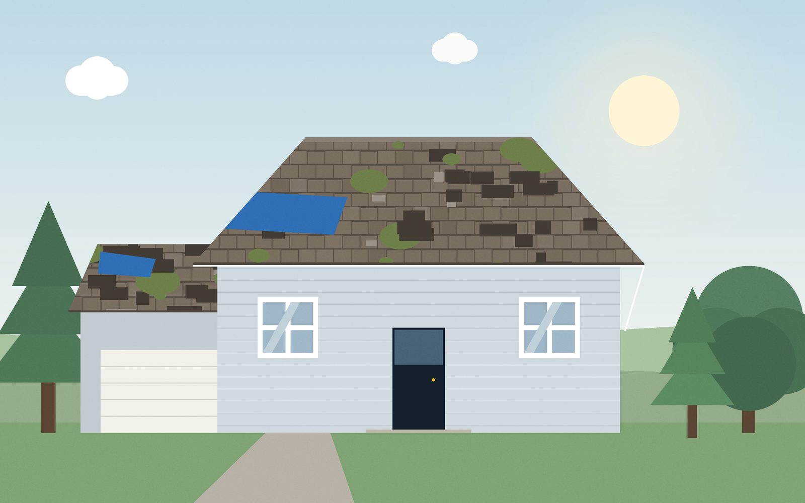 Before: worn roof with missing shingles and moss