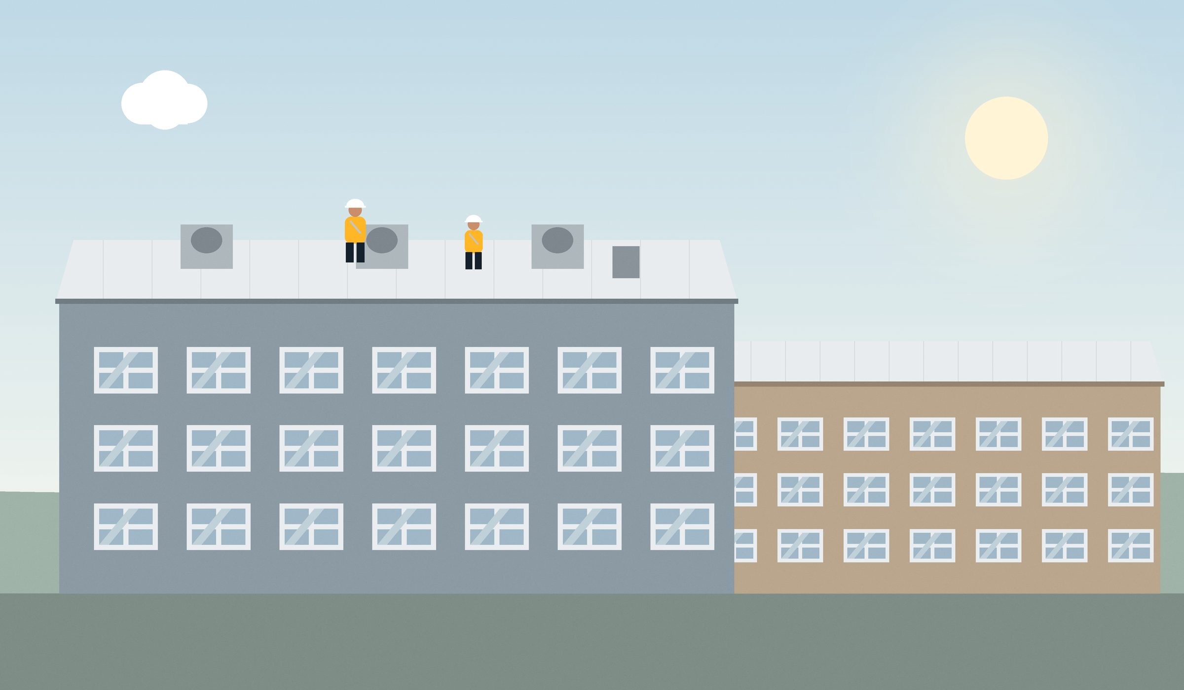 Illustration of a crew installing a membrane roof on a large flat commercial building