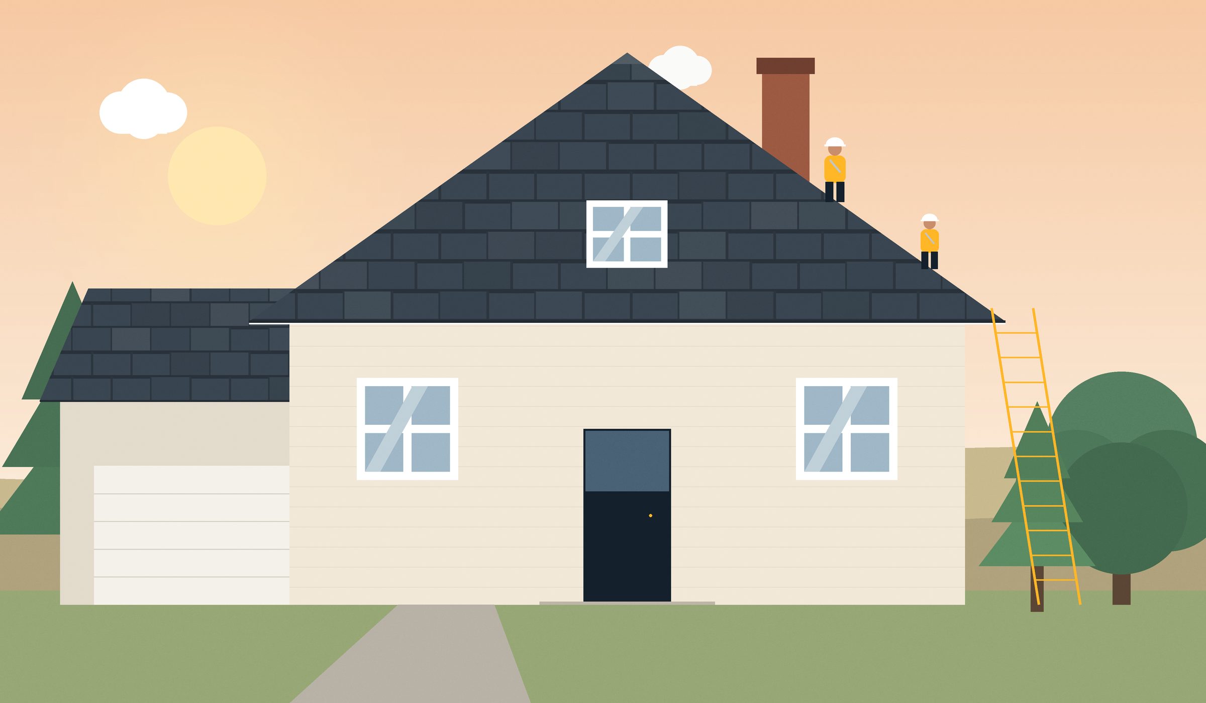 Illustration of a roofing crew installing a new slate-grey roof on a family home